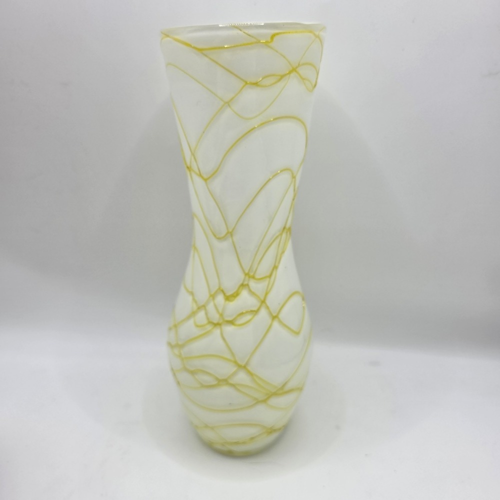 White‎ Art Glass Vase Yellow Threaded Swirl Tall Modern Decorative Vase 11" - Picture 6 of 8